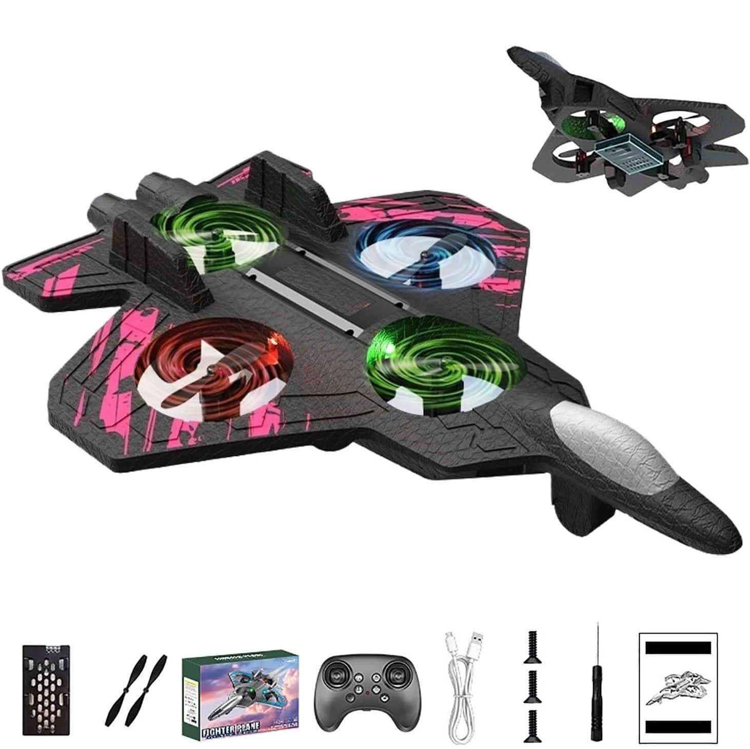RC Foam Stunt Fighter Plane Drone - 360° LED Lights & 3 Speeds Adjustable, 3-Battery Quadcopters Toy For Beginners Holiday Gift, 9.72*7.01*1.77in, Pink