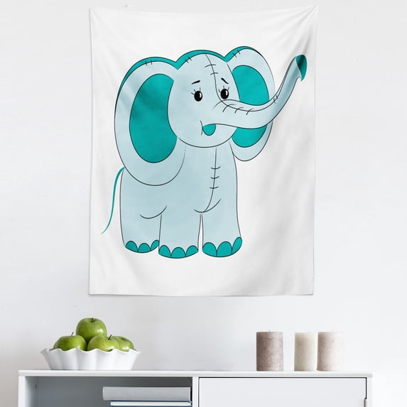 Teal Animal Tapestry, Toy Like Animal with Big Ears and Trunk in Cartoon Style Print, Fabric Wall Hanging Decor for Bedroom Living Room Dorm, 5 Sizes, Pale Blue and Teal, by Ambesonne