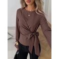 thumbnail image 3 of Women's French Old Money Style Brown Striped Tie Waist Blouse Boat Neck Long Sleeve Fitted Top for Fall Winter Office Commute Daily Outfits with Black Pants, 3 of 5