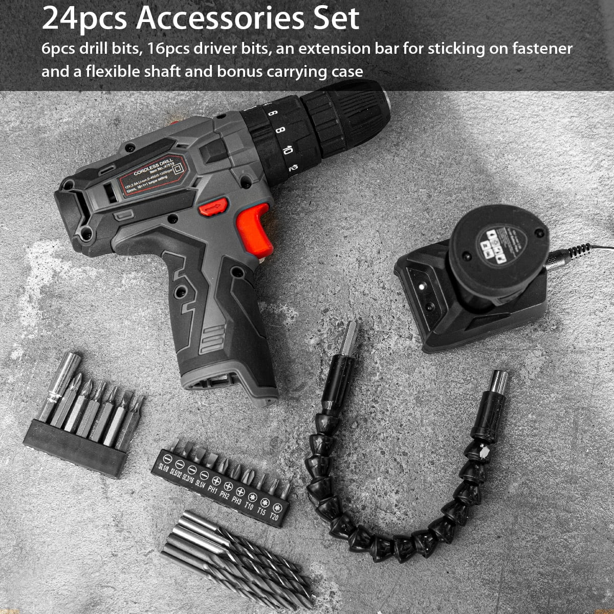 XtremepowerUS 12V Cordless Drill Set Power Drill Screwdriver Kit, Li-Ion Battery W/ 1 Hour Quick Charge, & 24pc Assorted Bits & Flexible Shaft, Battery, Charger & Carrying Case