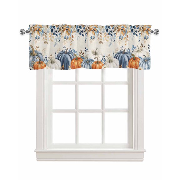 Thanksgiving Pumpkin Kitchen Valances for Windows Farmhouse Linen Window Valance Curtain for Living Room Window Treatment Fall Farmhouse Eucalyptus Leaves Valance Rod Pocket Topper, 42 x 12 Inch