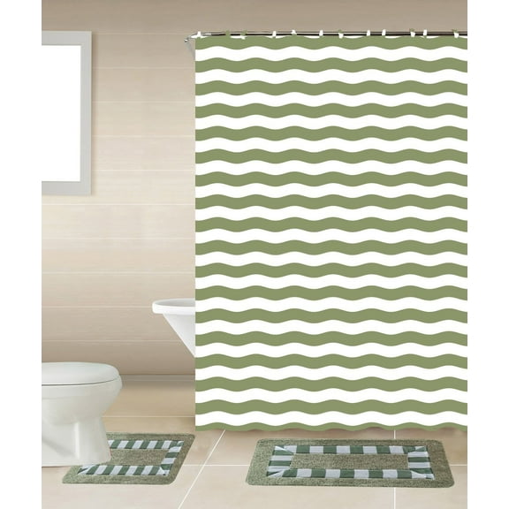Striped Sage Green & White 15-Piece Bathroom Accessory Set: 2 Bath Mats, Shower Curtain & 12 Fabric Covered Rings