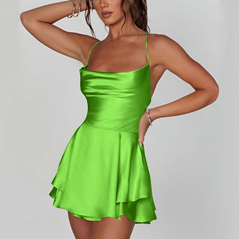 qolati Women Satin Dress Backless Short Romper Cowl Neck Bandage Back  Onesie Clubwear Sleeveless Layered Mini Dress Jumpsuit - Walmart.com