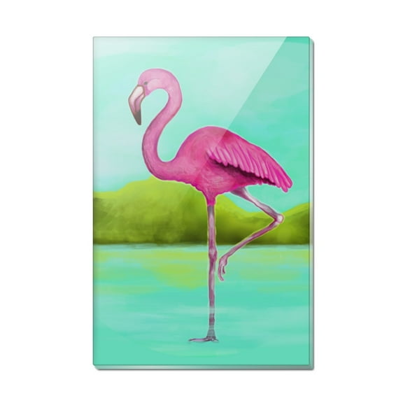 Pink Flamingo in Water Rectangle Acrylic Fridge Refrigerator Magnet
