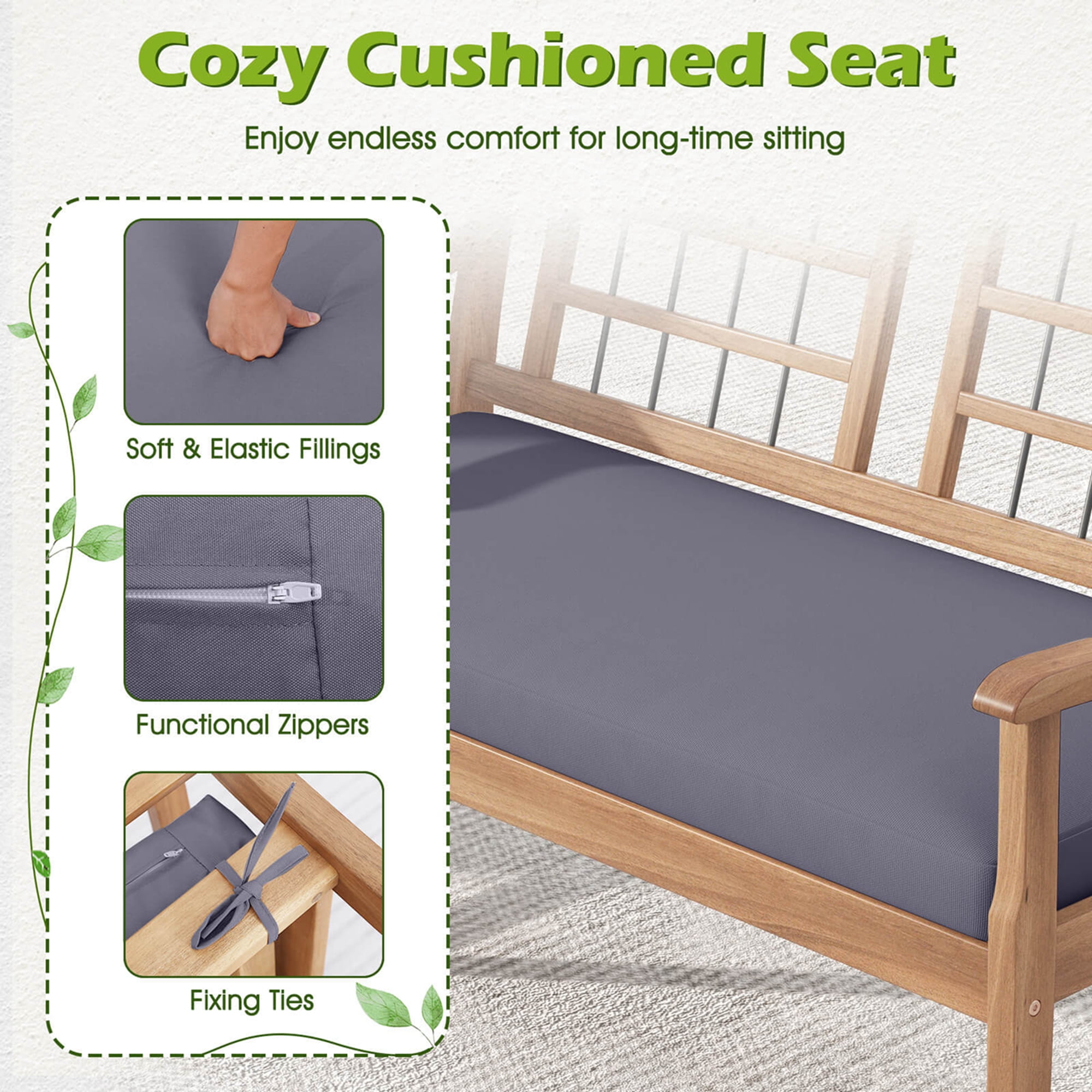 Costway 4 PCS Wood Patio Furniture Set with Soft Seat Cushions Solid Acacia Wood Frame Gray