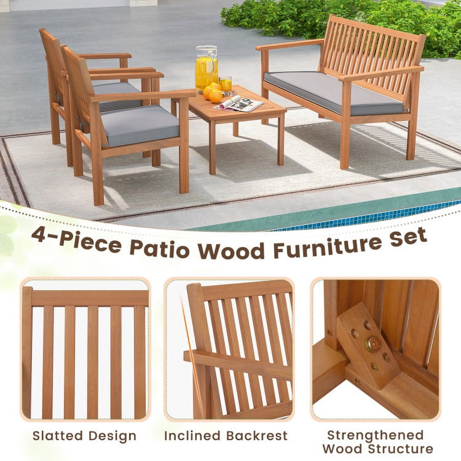 Resenkos 4 Piece Patio Wood Furniture Set Acacia Wood Sofa Set, Small Patio Conversation Furniture Set with Loveseat-Off Gray