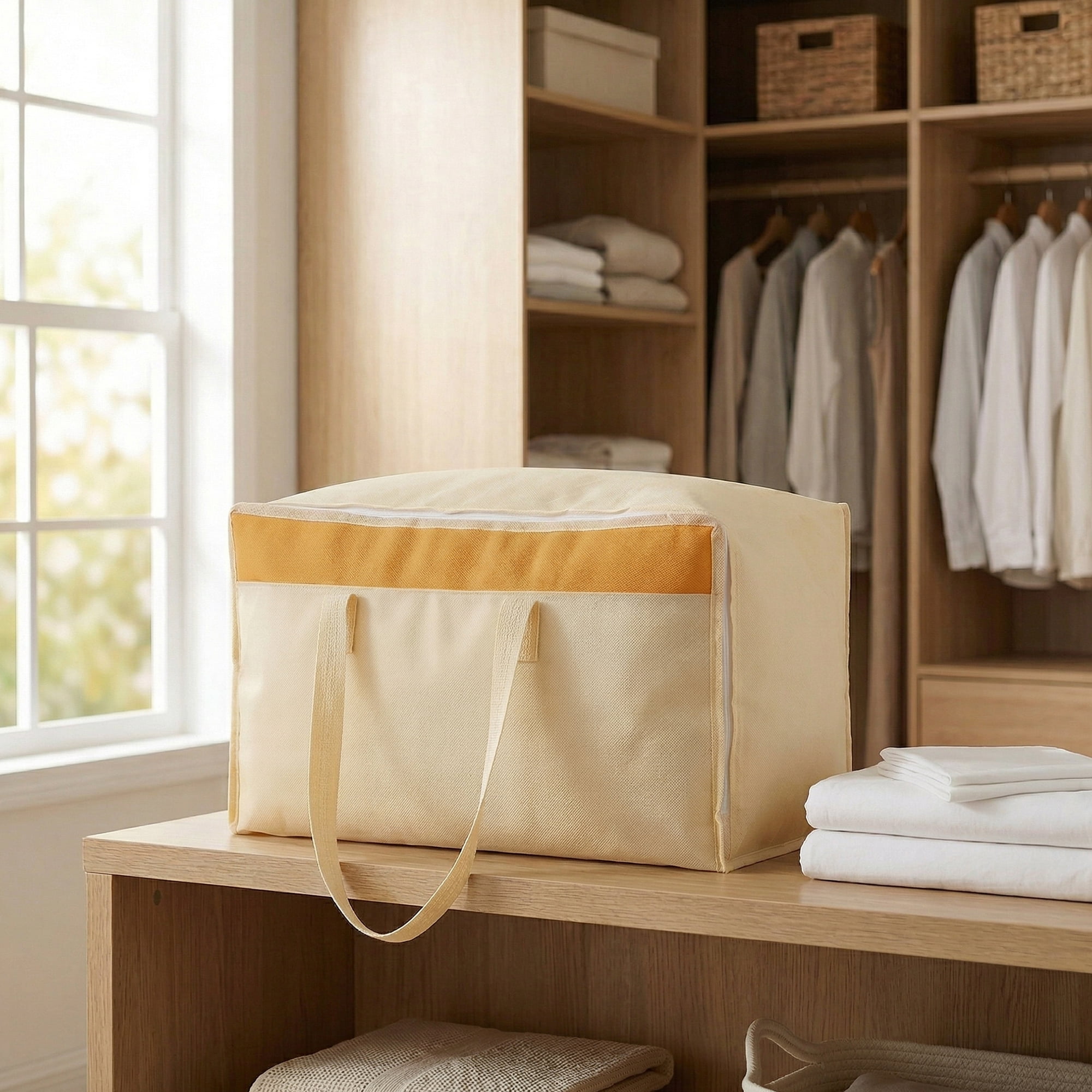Unique Bargains Foldable Storage Bags for Taking in Clothes Beige 19.7"x11.8"x9.8"