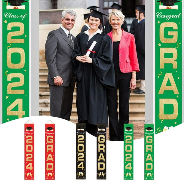 Pancarta de graduación 2024 - Cortina de poliéster verde y roja para decoraciones de la fiesta de graduación, decoración de fondo de la ceremonia y celebraciones escolares