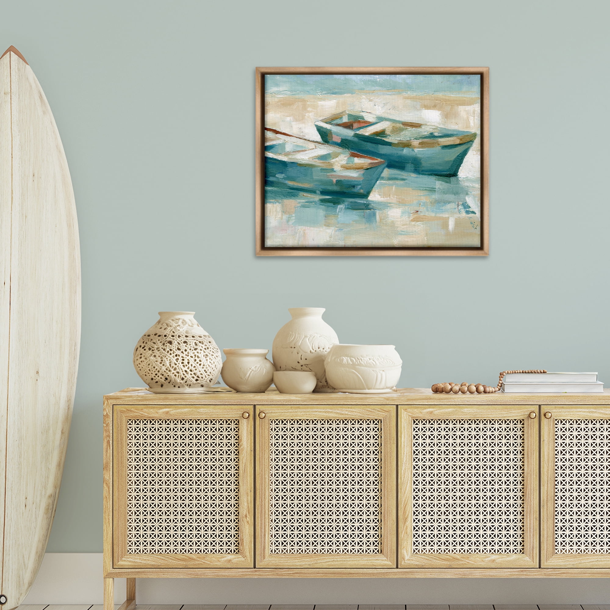 Stupell Industries Two Boats Abstraction Transportation Painting Brown Floater Framed Canvas Art Print Wall Art, 31 x 25
