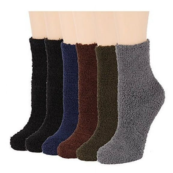 6 Pairs of Super Soft Non-Skid or No Non-Skid Fuzzy Slipper Socks (O/S, Plain)