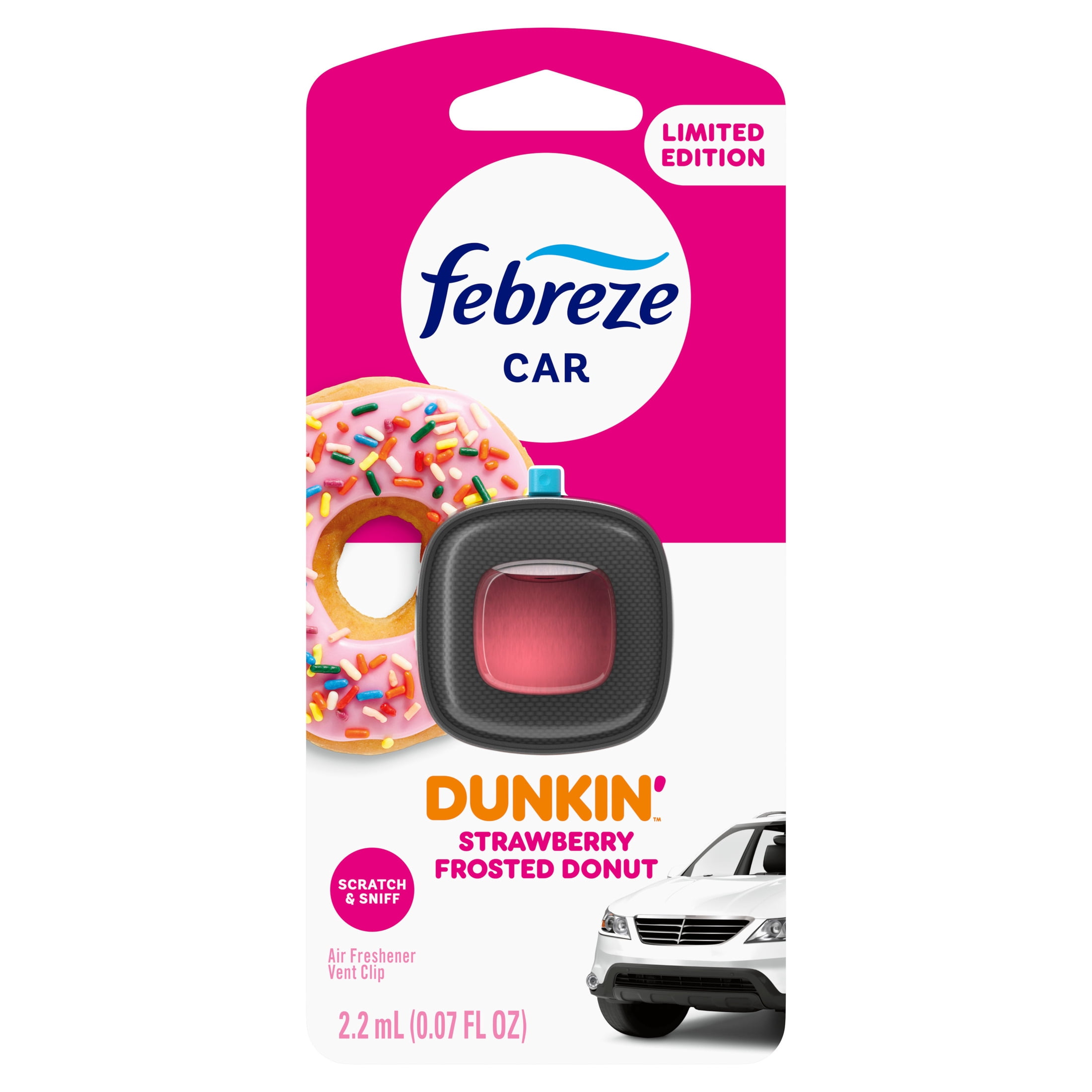 Febreze Dunkin' Car Air Freshener, Odor-Fighting Automotive Vent Clip, Strawberry Frosted Donut, 1 count