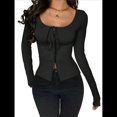 thumbnail image 3 of Camisas de Larga para Mujer, Camisetas con Cuello Redondo y Botones con Lazo, Blusas Estéticas para Salir Negro L, 3 of 10