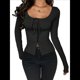 thumbnail image 3 of Camisas de Larga para Mujer, Camisetas con Cuello Redondo y Botones con Lazo, Blusas Estéticas para Salir Negro XL, 3 of 10