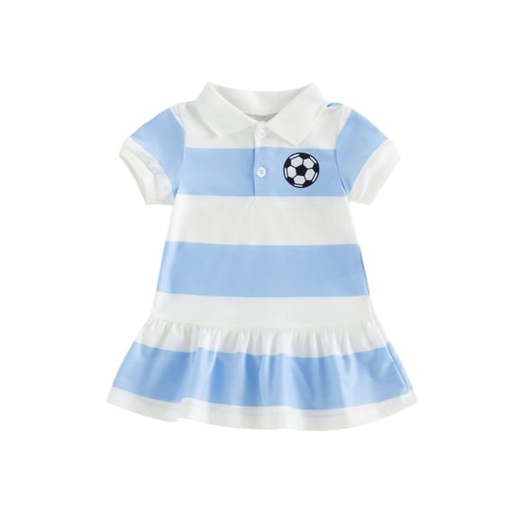 BemeyourBBs Toddler Baby Girl Summer Football Dress Little Baby Girl Soccer Dress Outfit Football Embroidered Striped Button Collared Short Sleeve A Line Ruffled Dress