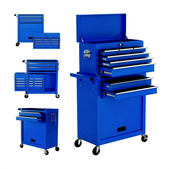 Aukfa Tool Box, 2 in 1 Steel Rolling Tool Chest & Cabinet On Wheels for Garage, 8-Drawer, Blue