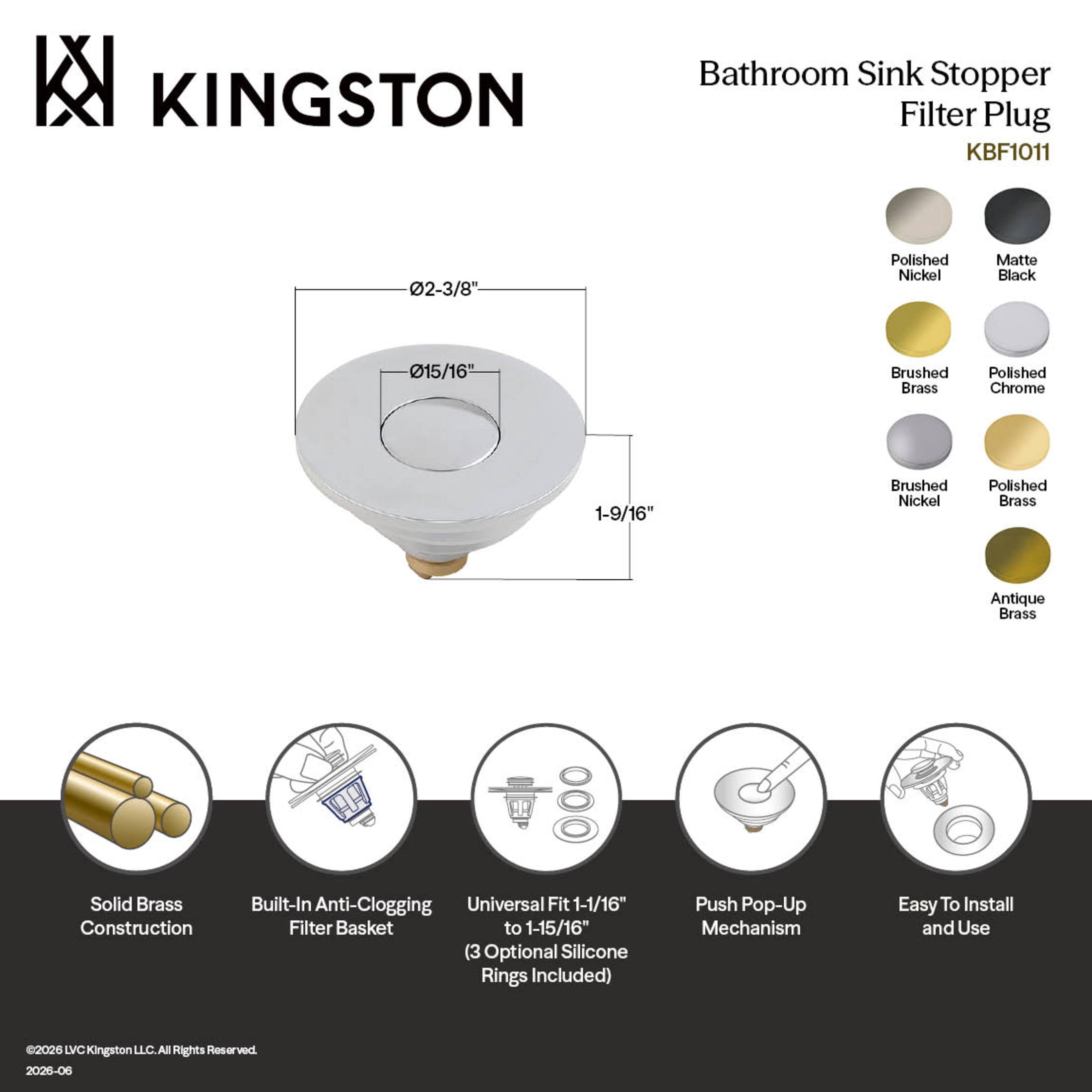 Kingston Brass KBF1013 Trimscape Brass Sink Filter Plug (Center Pop-Up), Antique Brass
