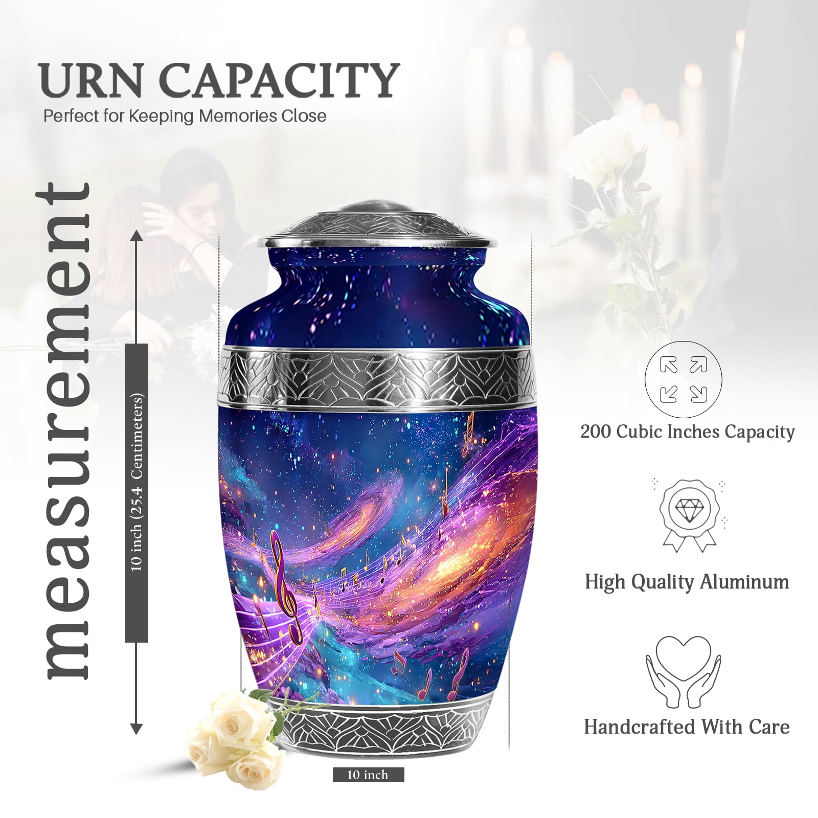 KARYLIZ Music Urn - 10 Inch - Large Decorative Urn For Ashes For Women - Galaxy of Music Funeral Urns for Ashes Adult Men - Cremation For Ashes Adult Male & Female - Musical Notes Urns for Mom & Dad