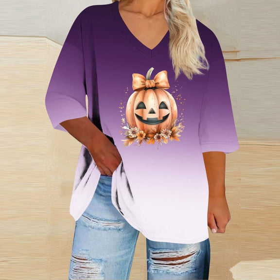 Junur Plus Size V Neck Pumpkin T-Shirt Women Gradient Halloween Tees Casual Loose Short Sleeve Fall Holiday Tops S-5XL