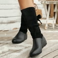thumbnail image 2 of Slouchy Wide Mid Calf Boots for Women Bride Wedding Leather Suede Fashion Bow Lace up No Heel Tall Boots, 2 of 6