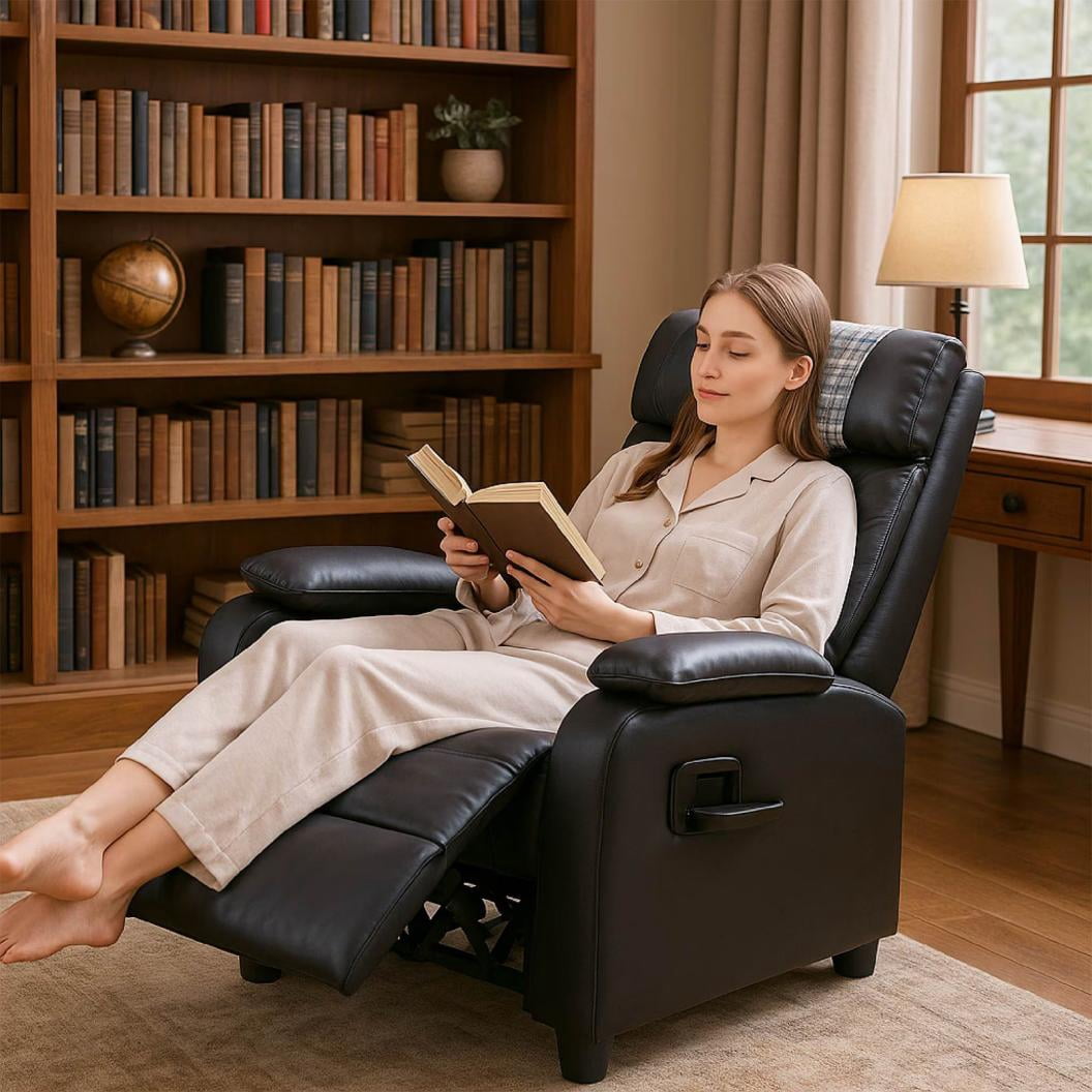 Recliner Chair Manual Reclining Sofa Comfortable Arms Back Support Living Room Home Theater Lounger Black With Cup Holder(Black)