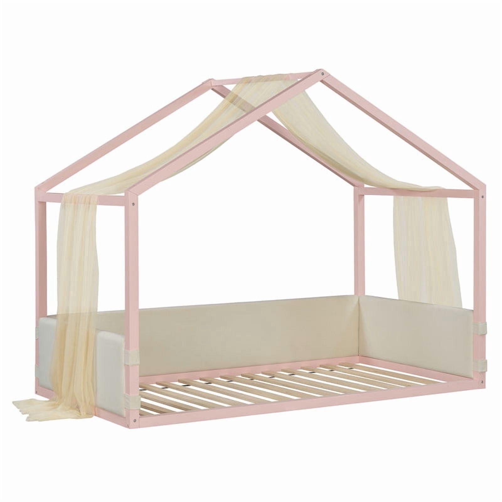 Twin Size Canopy Bed with Upholstered Velvet Side Panels and Breathable Gauze Canopy, Soft-Padded Platform Bed Floor Bed Kids Montessori Bed for Bedroom
