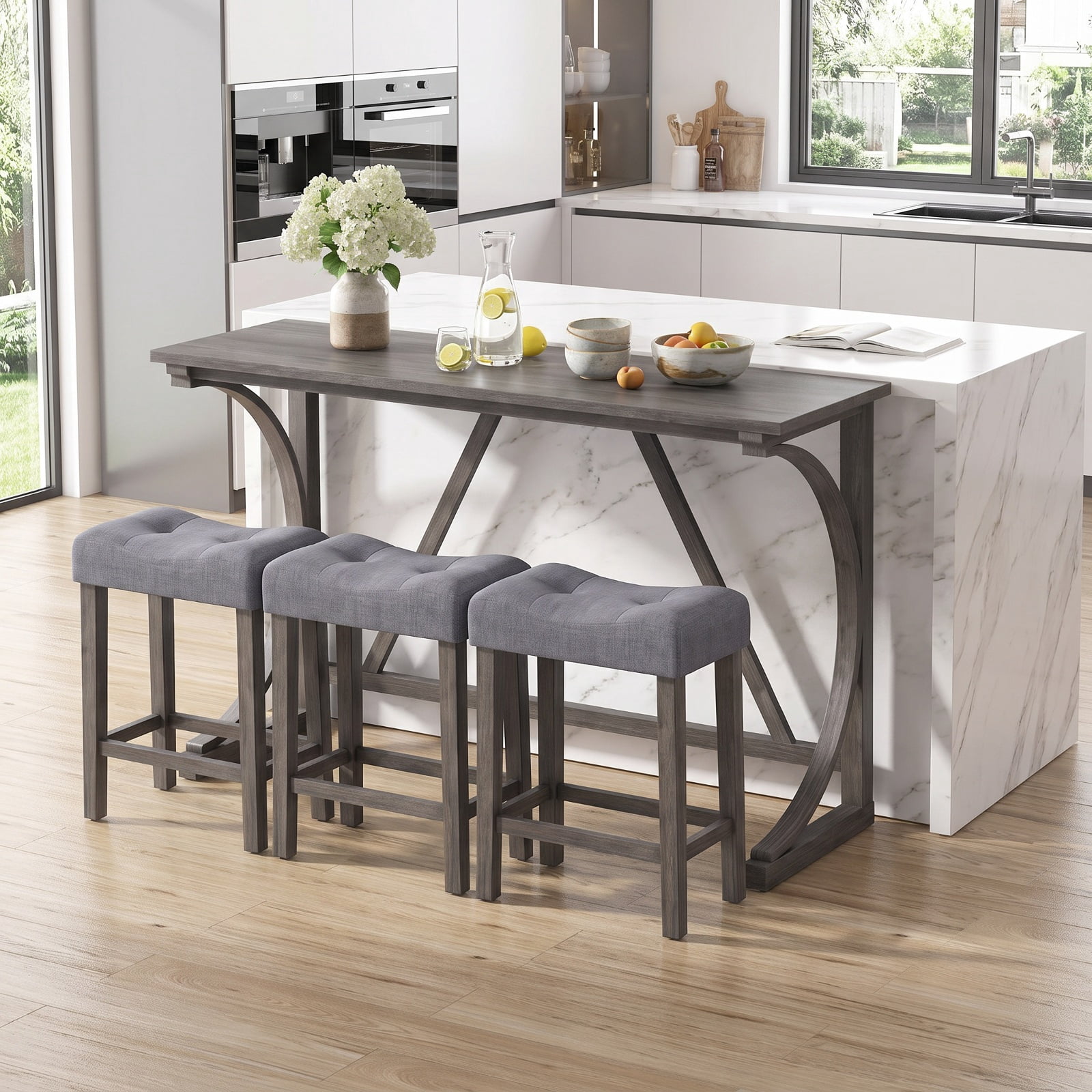 Furnibear 4 Piece Bar Table Set with Power Outlet USB Port and Upholstered Saddle Seat Stools