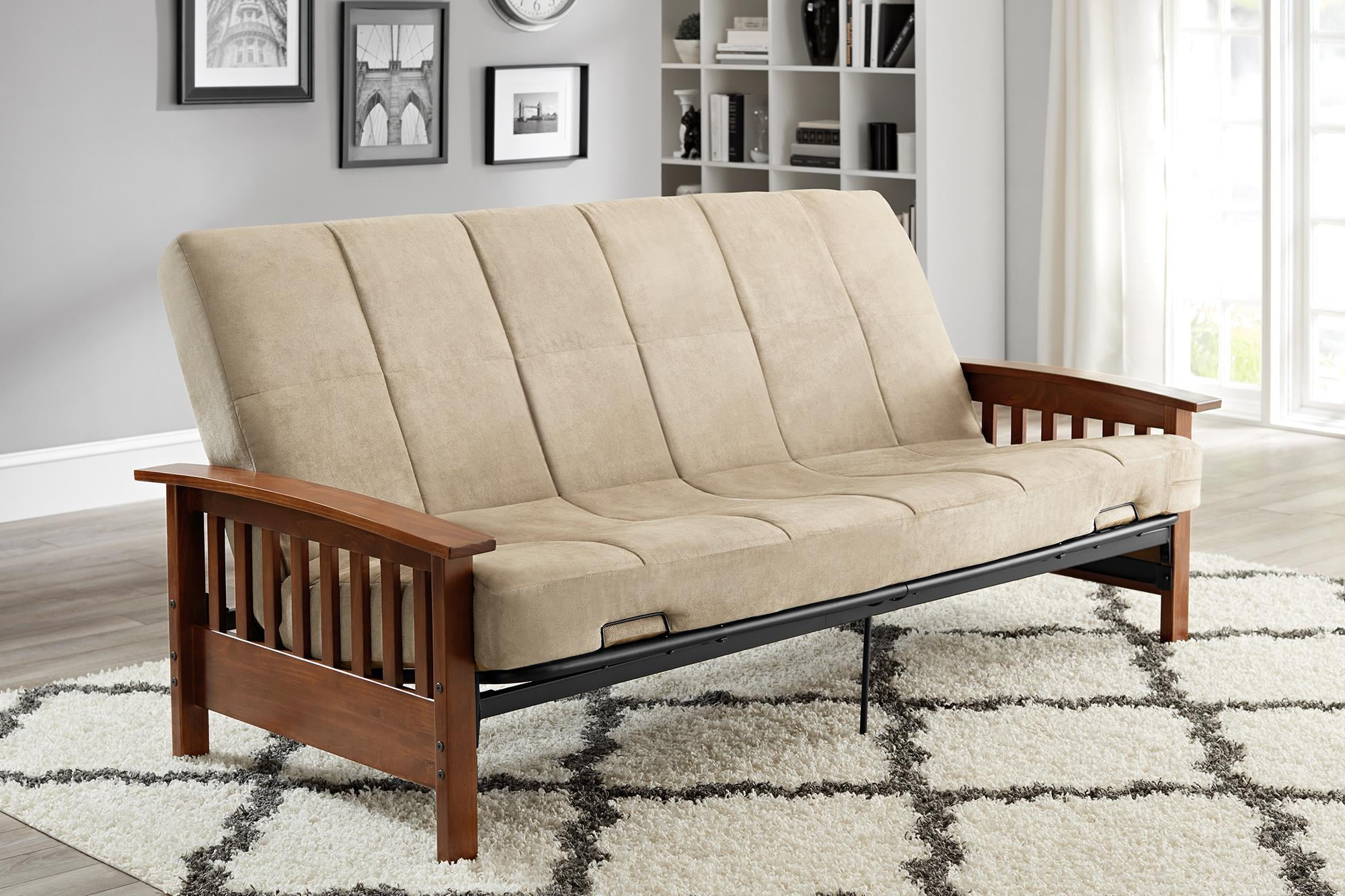 Better Homes and Gardens Neo Mission Wood Arm Futon, Espresso with Tan