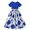 thumbnail image 1 of JDQJBZ Robe à Manches Courtes pour Filles Imprimé Floral Patchwork Col Rond Ourlet à Volants Robe d'Été Décontractée, 1 of 4