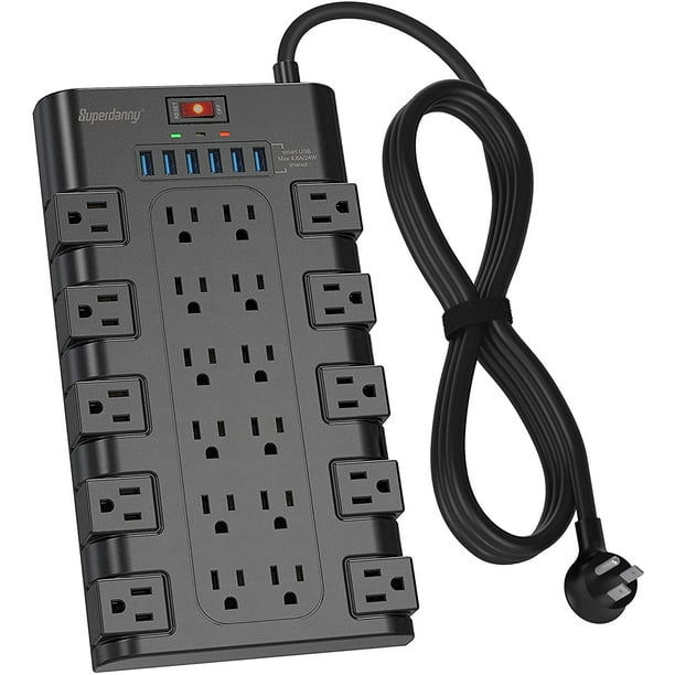 SUPERDANNY Power Surge Protector 22 AC Outlets 6 USB Ports 6.5Ft Flat Black - Walmart.com