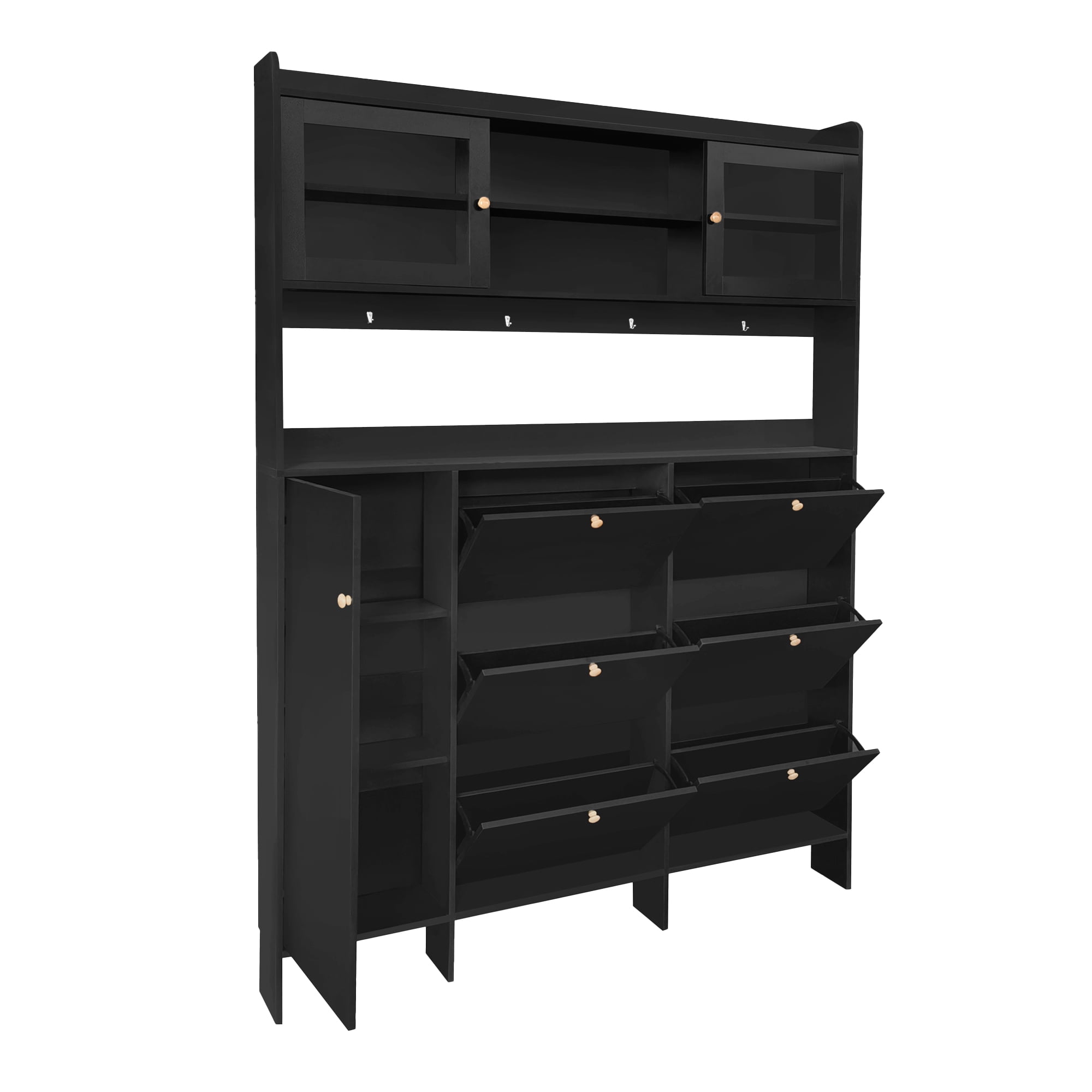 MAYEERTY Multifunctional Tipping Bucket Shoe Cabinet with Storage Shelf & 6 Flip Drawers, Large Hall Tree with Tempered Glass Doors, Foyer Cabinet