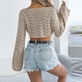 thumbnail image 4 of Womens Cropped Tops Summer Fashion Knit Hollow out Long Sleeves Crewneck T-Shirt Loose Comfy Sweater Knitwear Khaki X-Large, 4 of 5