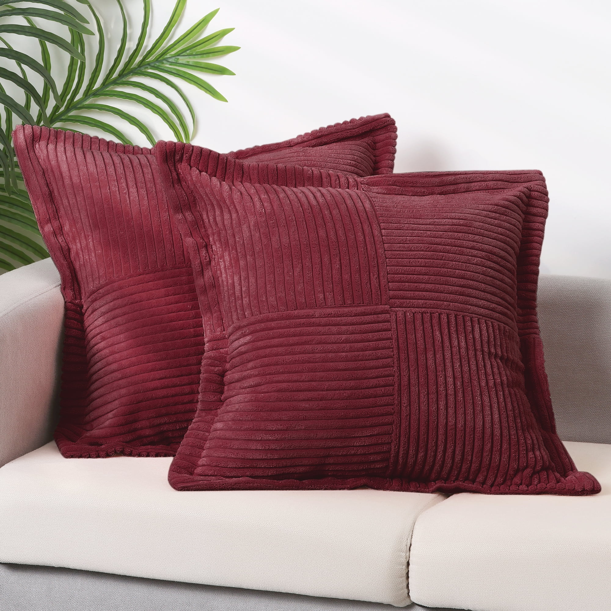 Unique Bargains 2 Solid Corduroy Throw Pillow Covers Wide Bordered Decorative Cushion Case Red 18" x 18"