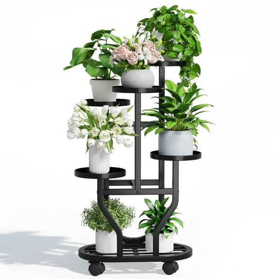 6 Tiers Metal Plant Stand with 4 Wheels Plant Shelf Heavy Duty Flower Stands Flower Pot Holder Plant Rack for Indoor Outdoor