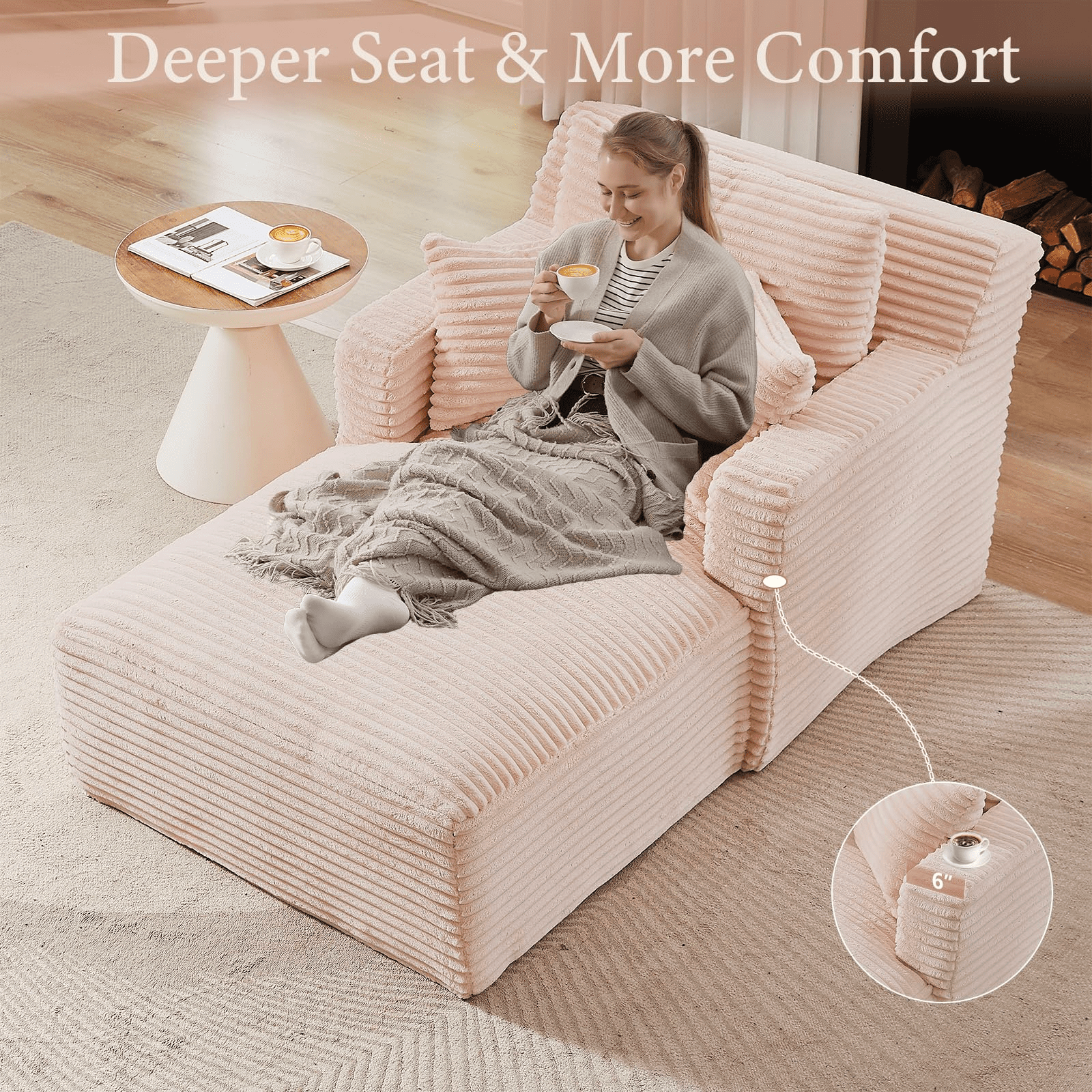 GNIXUU 65.4" Oversized Chaise Lounge Chair Indoor, Modern Corduroy Couch, Comfy Upholstered Boneless Sleeper Sofa with 3 Throw Pillows, Fluffy Reading Chairs Bed for Living Room,Pink