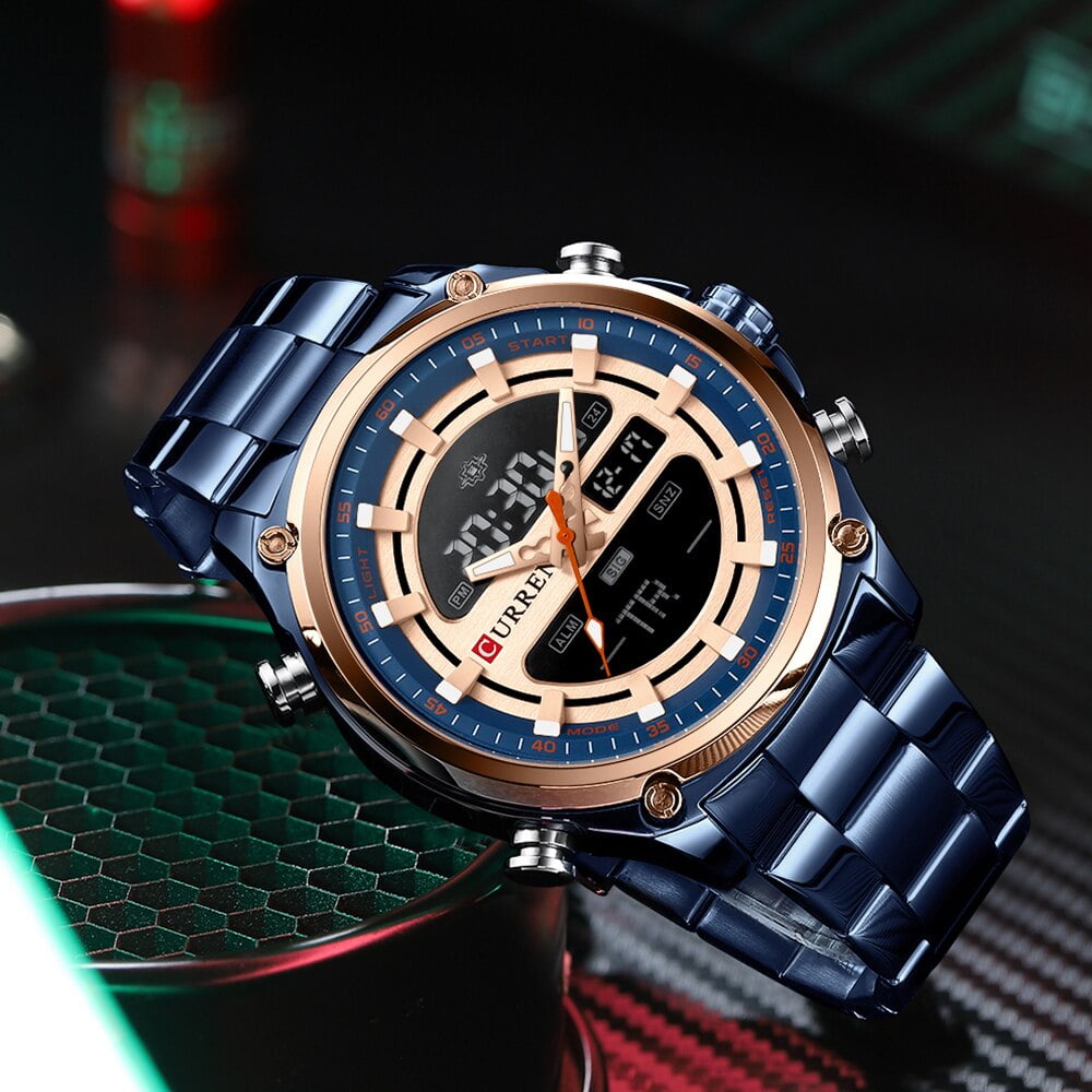 Curren Sport Quartz Digital Watches For Men Led Luminous Multifunction Stainless Steel Wristwatches Dual Display Clock Male - Quartz Wristwatches