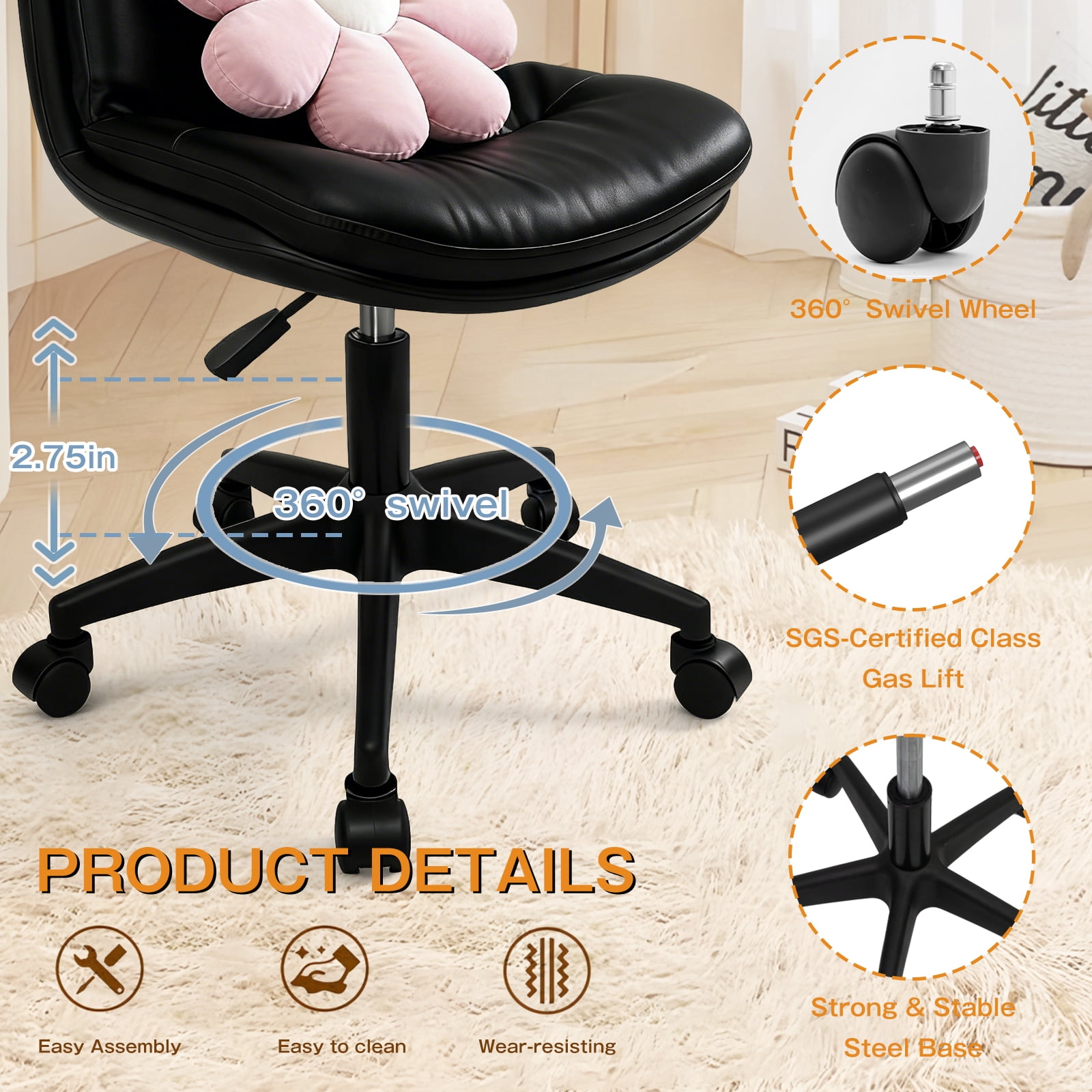 Vanity Chair with Back, PU Leather Swivel Office Desk Chair, Height Adjustable Armless Chair for Small Spaces, Bedroom, Vanity, Home Office Black