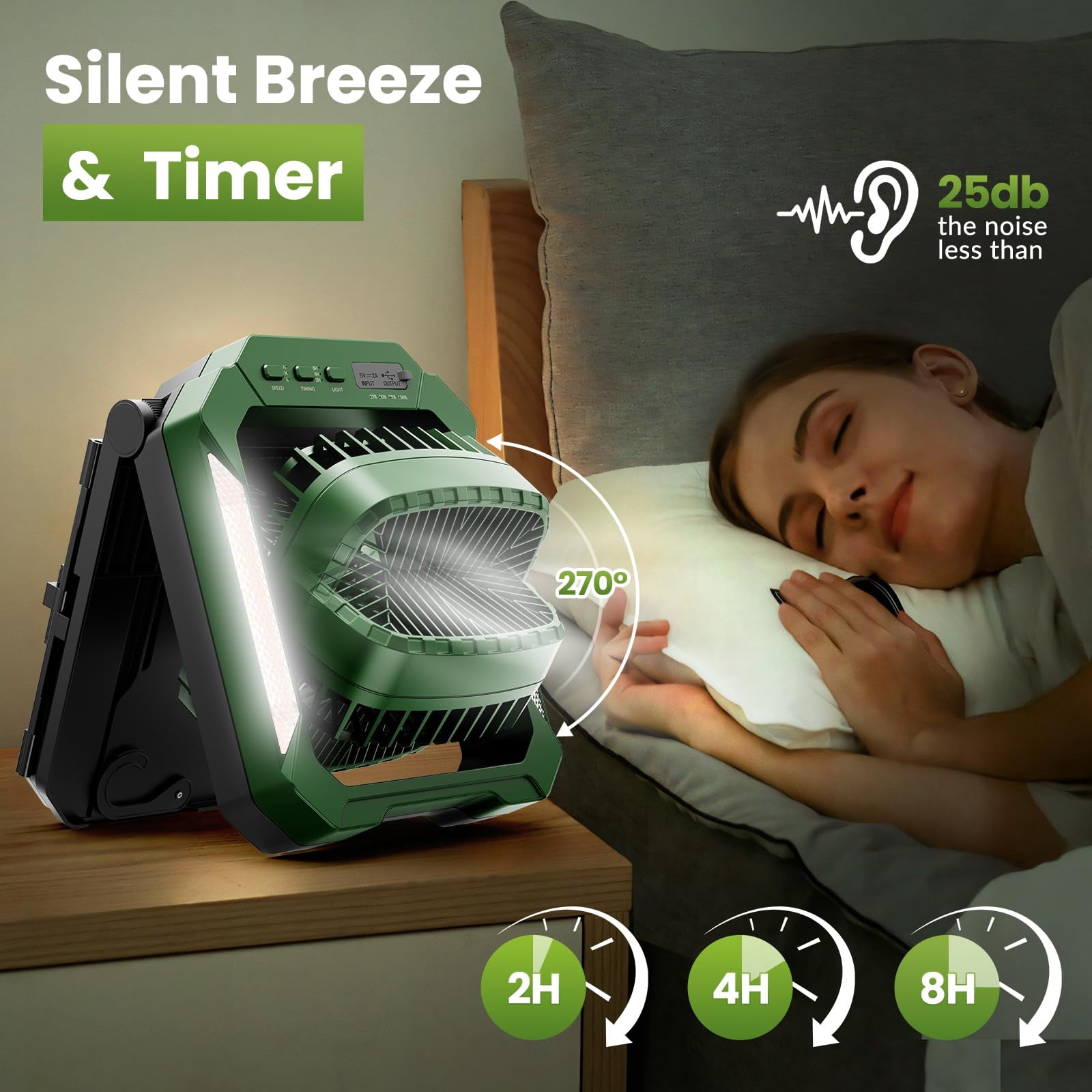 Veubew Camping Fan with LED Lantern, 26800mAh Portable Rechargeable Outdoor Fan with 18W Detachable Solar Panel, Battery Powered Desk Fan for Travel, Hiking, Fishing, Picnic, Green