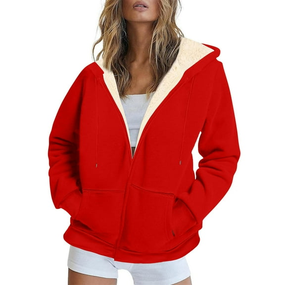 Brondbend Women's Winter Jackets Hooded Fleece Jacket Women Full Zipper Solid Color Long Sleeve Drawstring Pullover with Front Pocket Loose Warm Thick Coat Comfortable