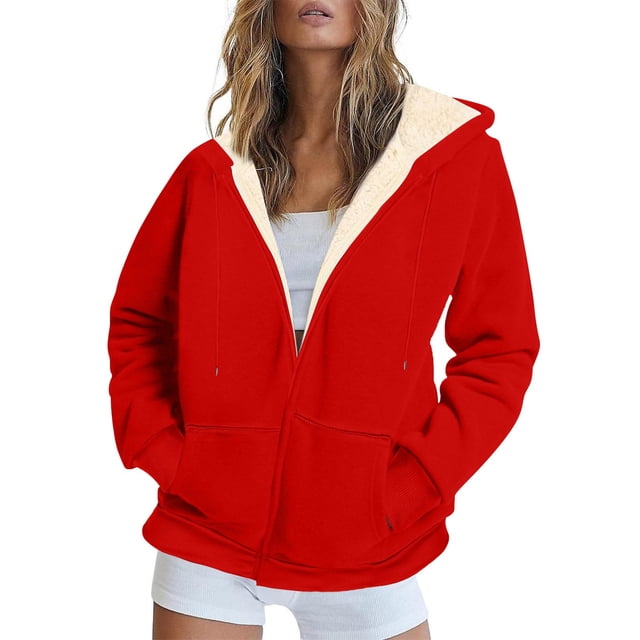Birdeem Womens Solid Color Zipper Long Sleeve Casual Fleece Hooded Pocket Coat Tops