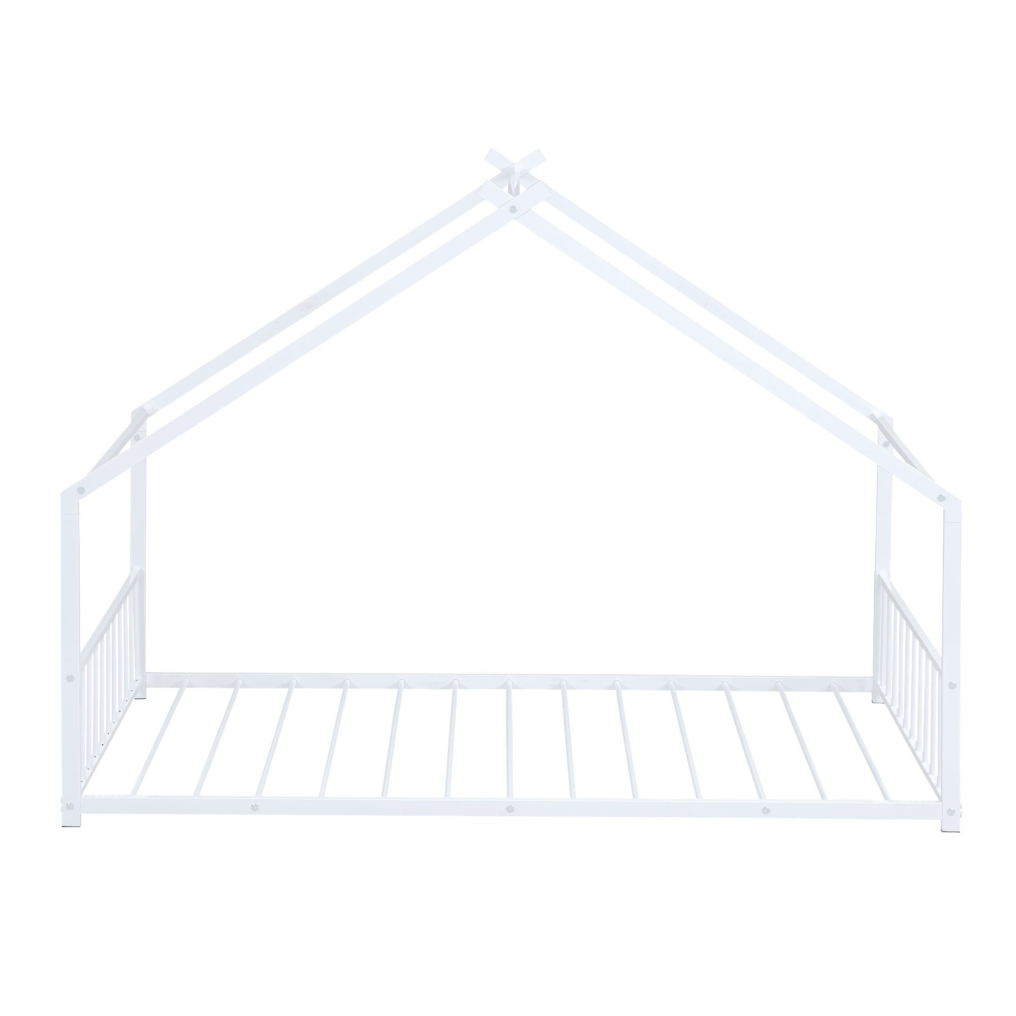 PORKISS Twin Size Floor Bed Frame, Metal House Bed Featuring Roof, Modern Platform Bed with Metal Frame, No Box Spring Needed, Freestanding Montessori Bed for Kids, White