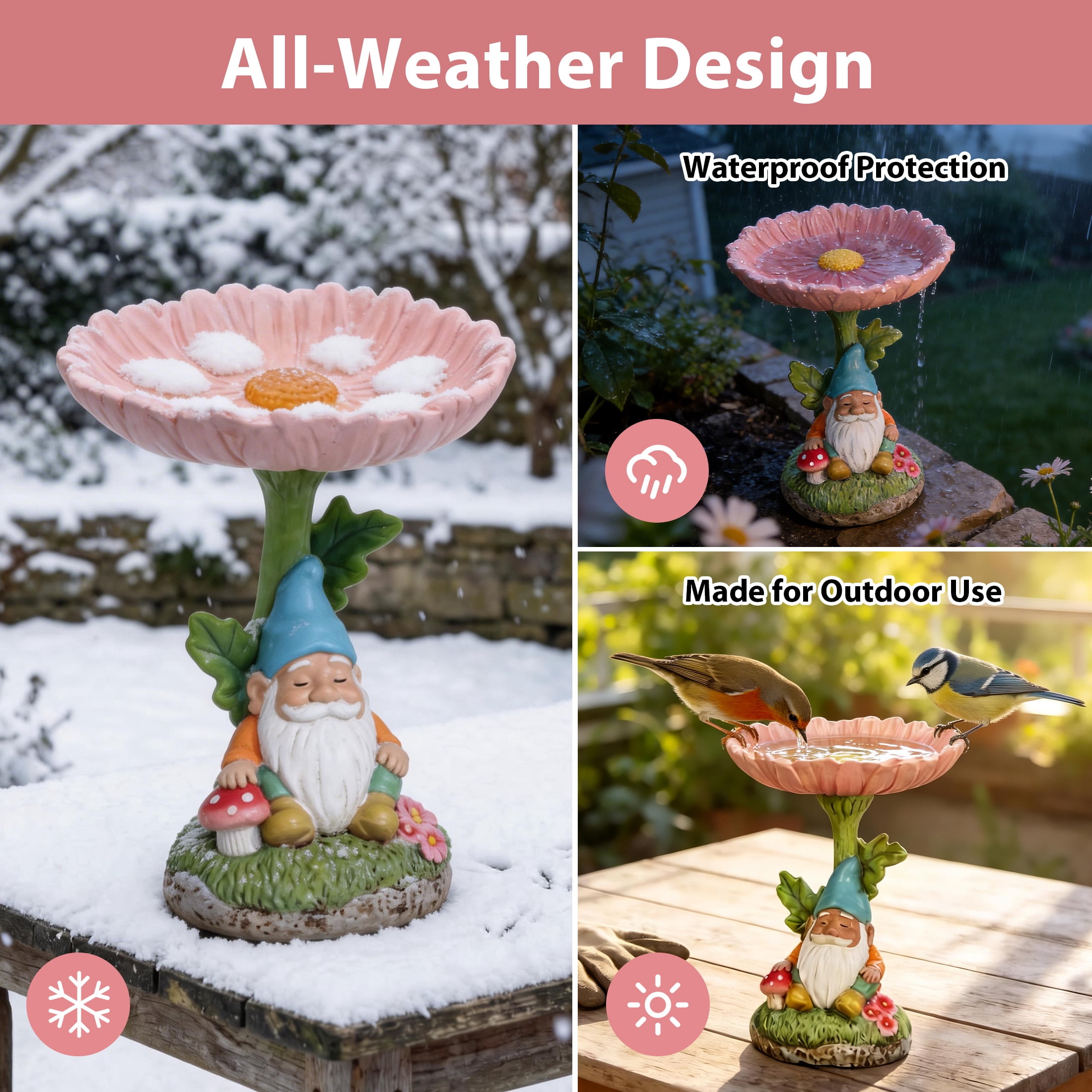 The Growing Ground Daisy Gnome Bird Feeder Garden Statue, Outdoor Garden Decor with Flower Bowl for Bird Seed and Water, Pink
