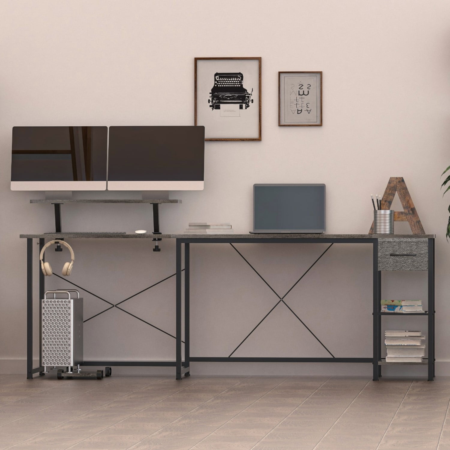 YYAo Executive Desk, Writing Desk, Secretary Desk, L-shaped multi-functional desk - Gray