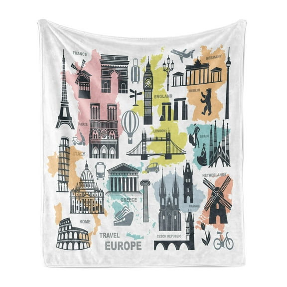 Travel Soft Flannel Fleece Throw Blanket, Travel Europe Themed Landmark Silhouettes and Colorful Maps Print, Cozy Plush for Indoor and Outdoor Use, 70" x 90", Purpleblue Multicolor, by Ambesonne