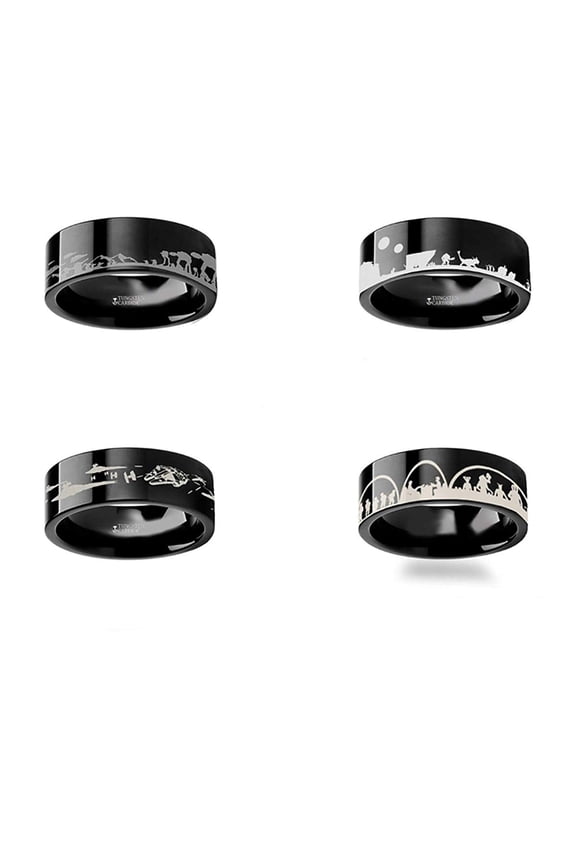 Star Wars Four Ring Set | Tungsten Rings for Men | Tungsten | Comfort Fit | Custom Engraving | Hoth, New Hope, Mos Eisley and Tatooine Engraved Flat Polished Black Tungsten Ring - 8mm