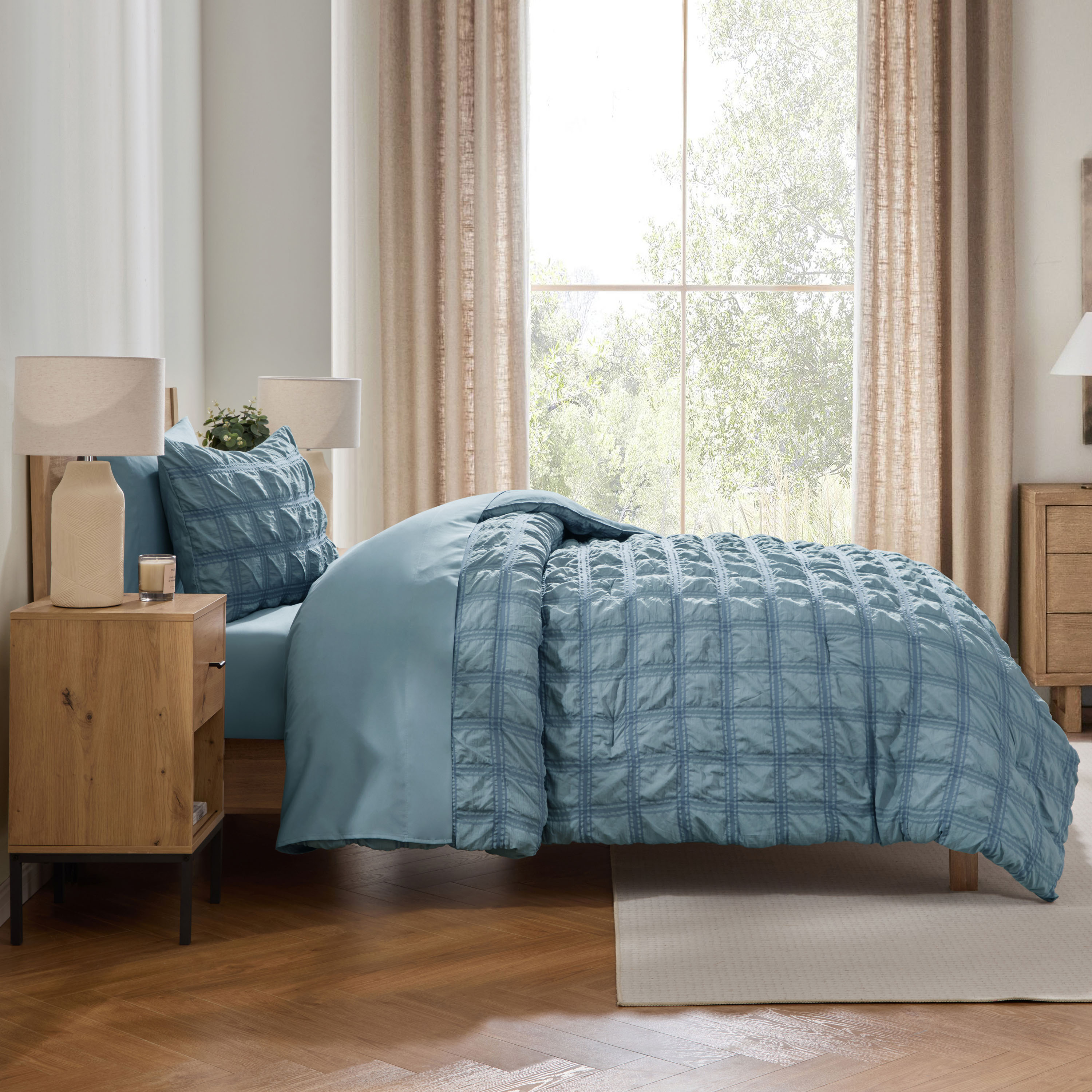 LammaLoe Twin Comforter Sets, 7 Piece Seersucker Bed in a Bag, Bedding Comforter Set with Sheets, Modern Bed Set, Stone Blue