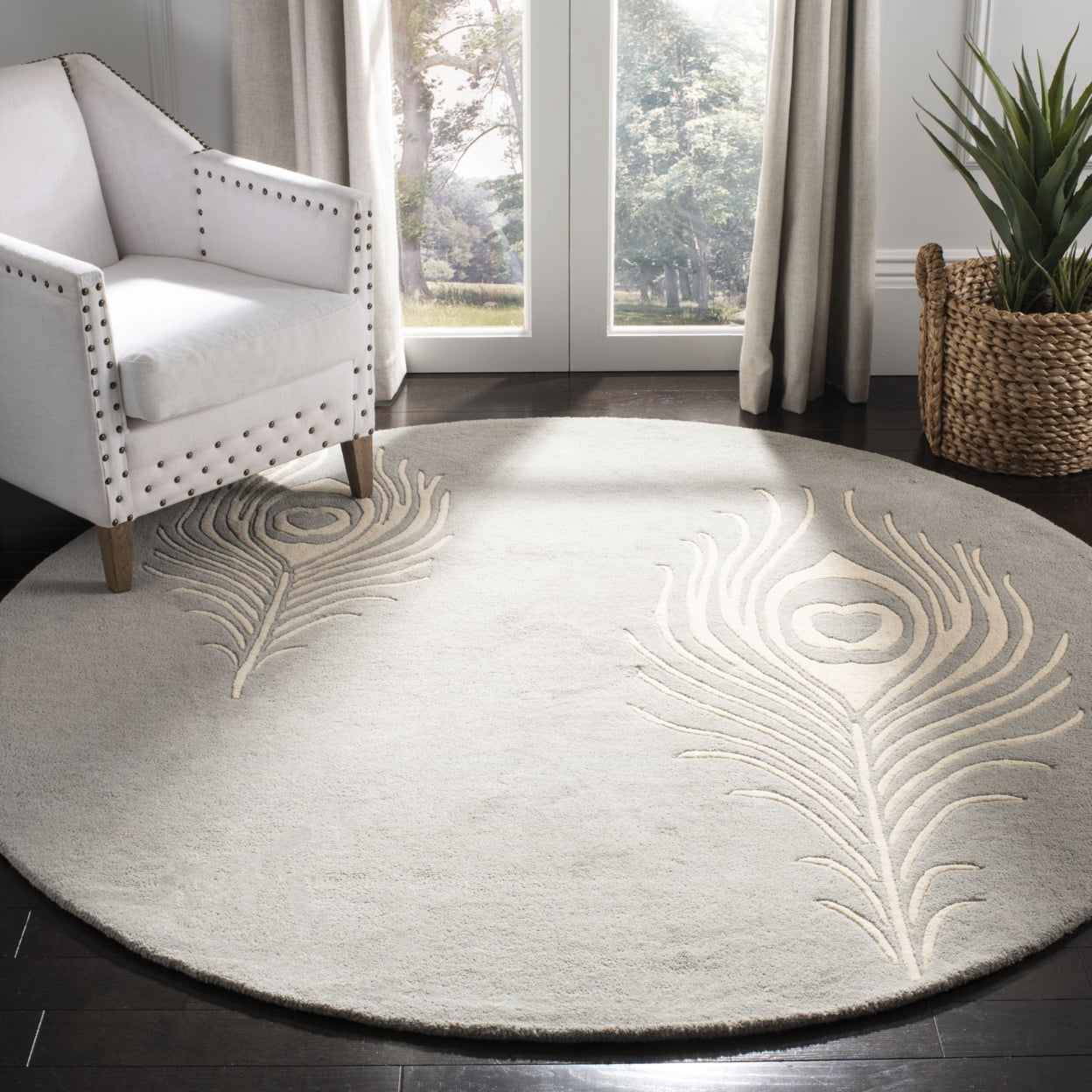 SAFAVIEH Soho Jarvis Peacock Feather Wool Area Rug, Grey/Ivory, 8' x 8' Square