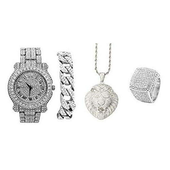 Bling Bling Lion King Hip Hop Pendant - Luxury Watch Covered with Crystal Clear Rhinestones - Iced Cuban Bracelet & Bling Ring Gift Set - Shine Like a Celebrity (12, SLV L0504 Lion King 4pc Set)