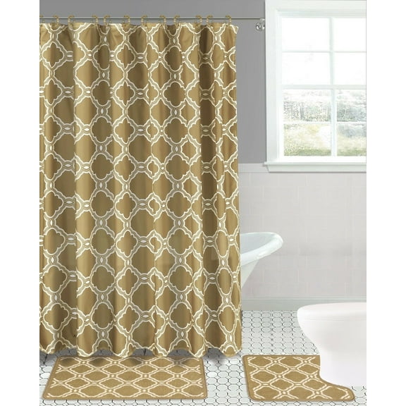 HONEY TAUPE 15-piece Hotel Bathroom Sets - 2 Non-Slip Bath Mats Rugs Fabric Shower Curtain 12-Hooks