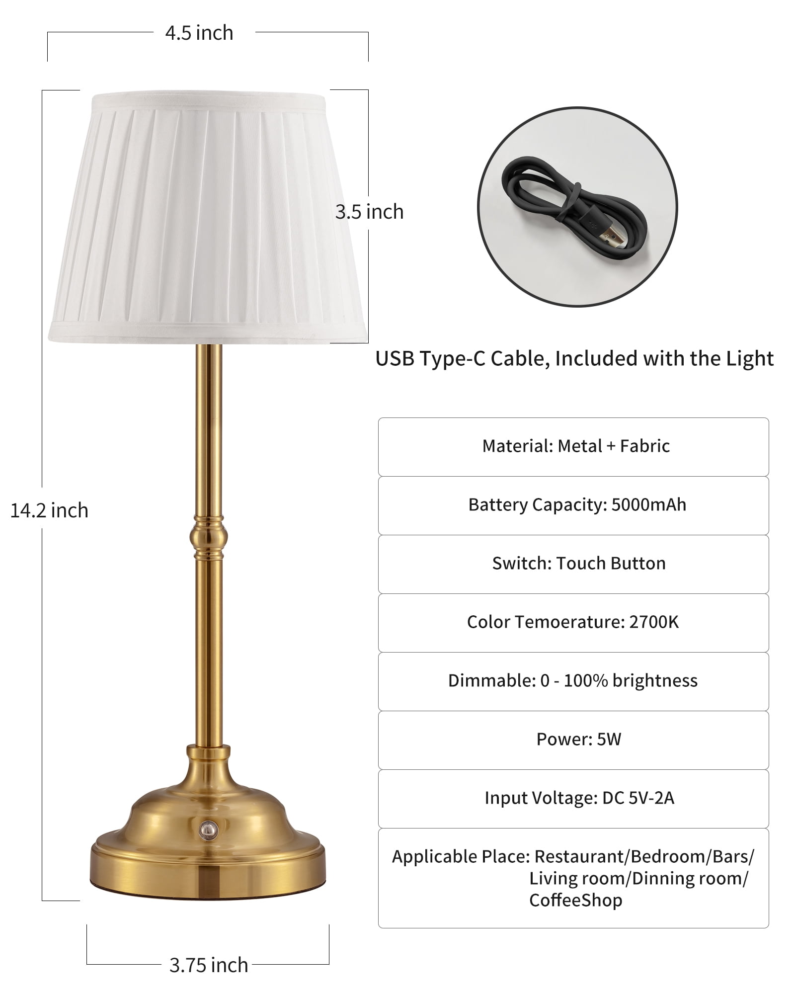 KDG Cordless LED Table Lamp Set of 2, Portables Fabric Shade Desk Lamps, 5000mAh Rechargeable Battery Powered Lighting, Dimmable Light for Dining Room, Bedroom,  Balcony (Bronze)