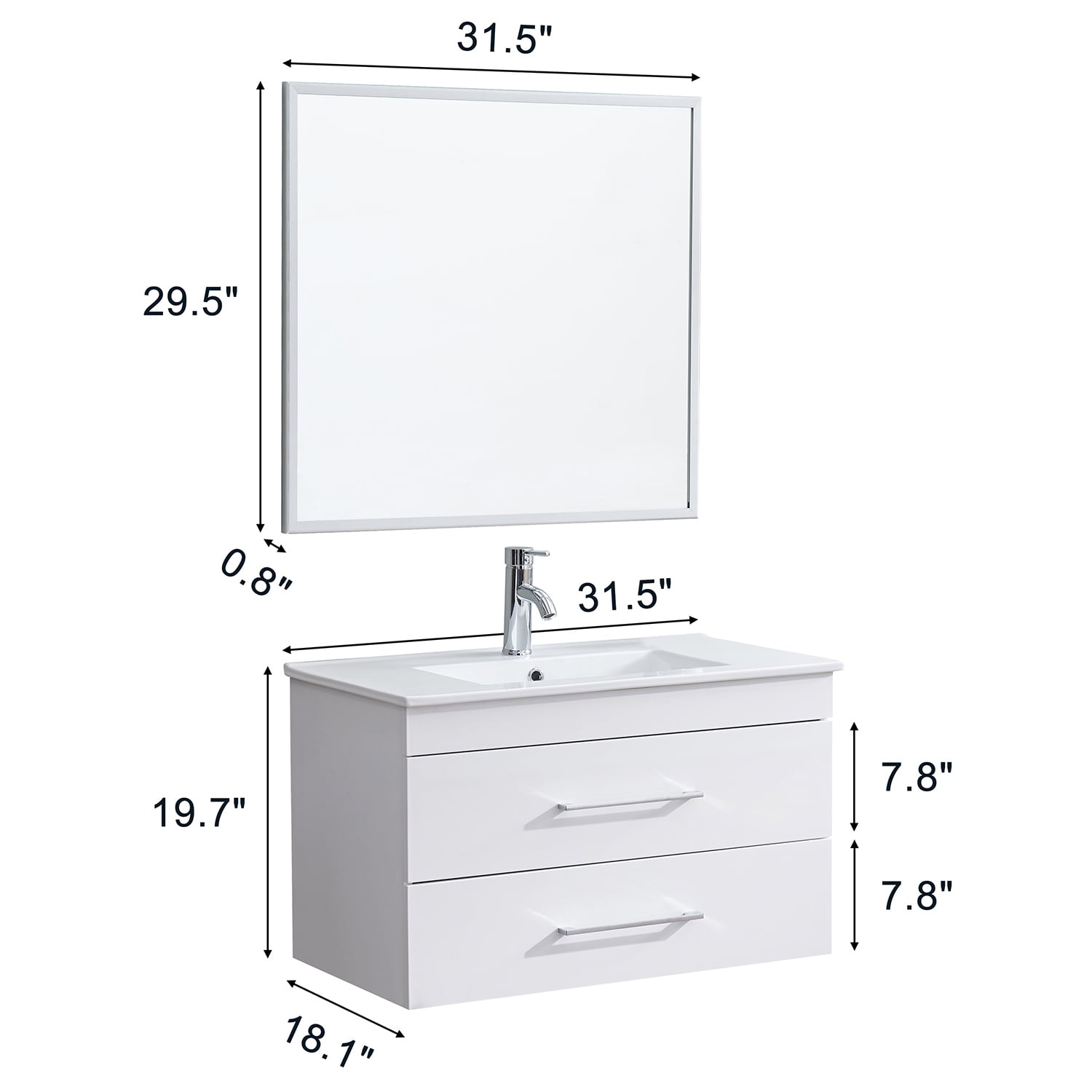 Demi Bonn 32" Wall-Mounted Bathroom Vanity with Ceramic Sink, 2 Soft-Close Drawers and Aluminum Frame Mirror, Faucets and Drains Not Included, White